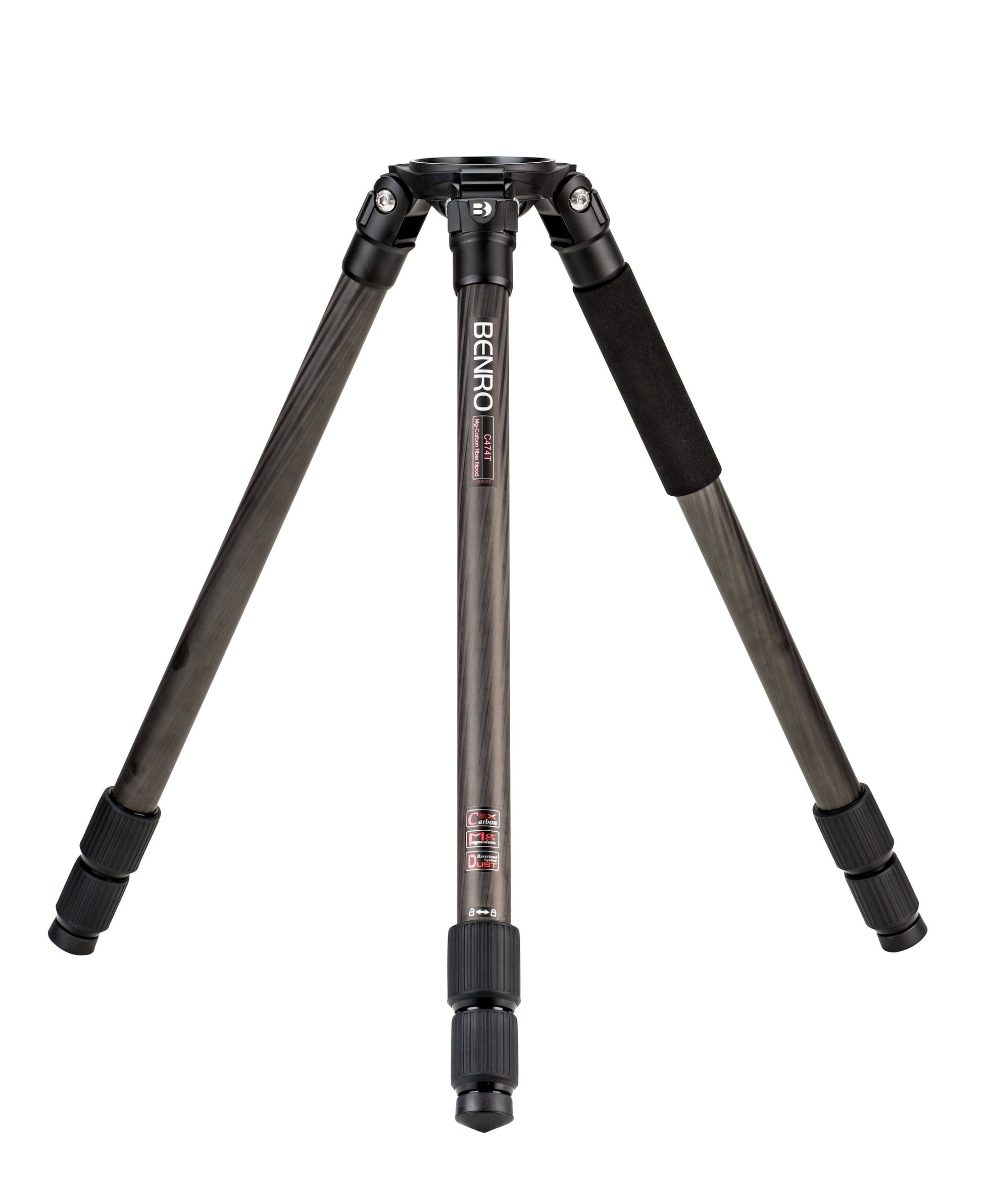 The Benro C474T carbon fiber video tripod on a rocky outdoor location.
