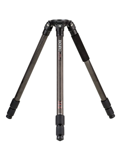 The Benro C474T carbon fiber video tripod on a rocky outdoor location.