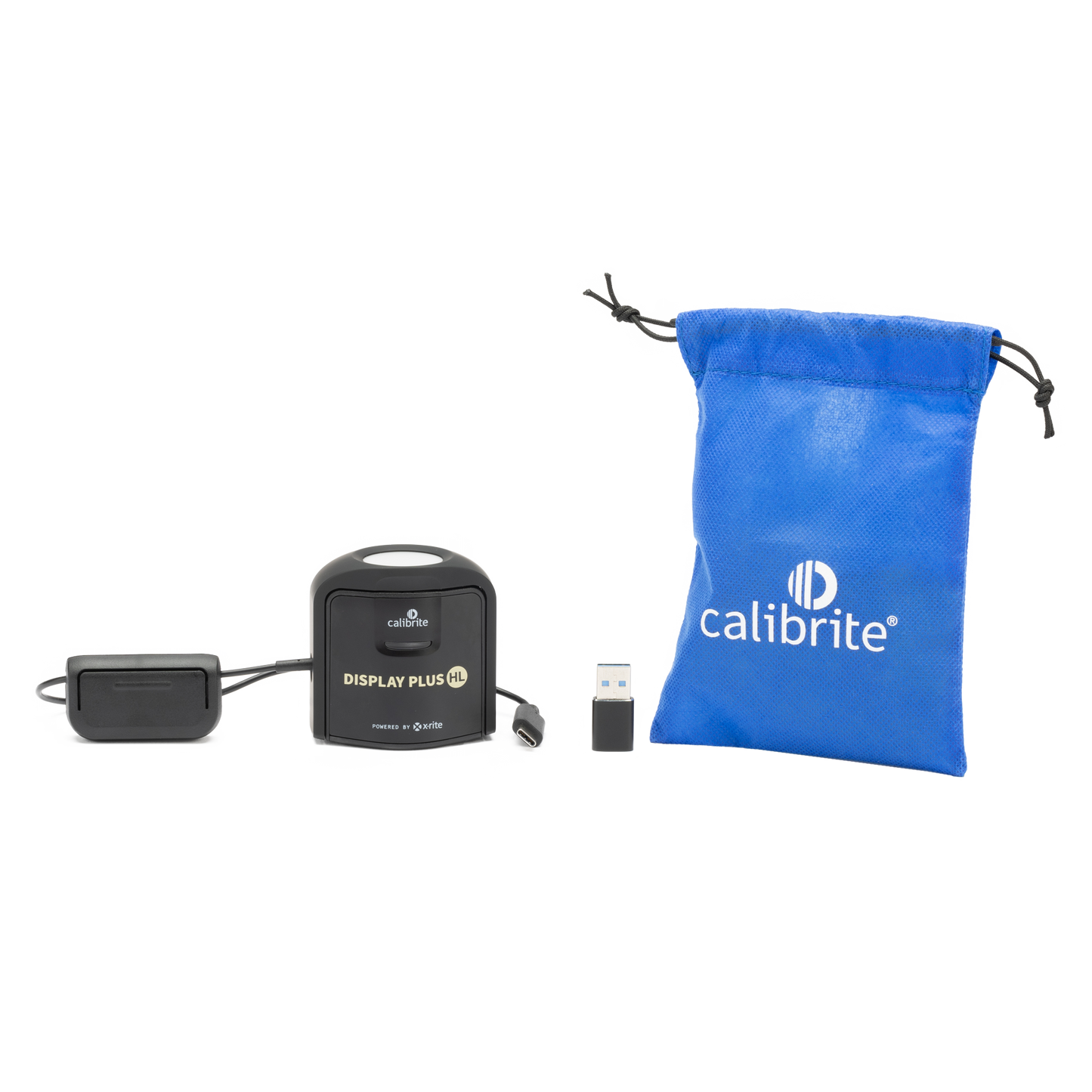 Calibrite display calibration kit with black device, USB cable, and blue drawstring bag 