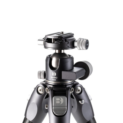 Professional Benro Tortoise tripod with GX35 ball head, bubble level, and spiked feet for outdoor photography and videography.