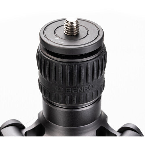 Compact travel tripod with carbon fiber round tube leg design.
