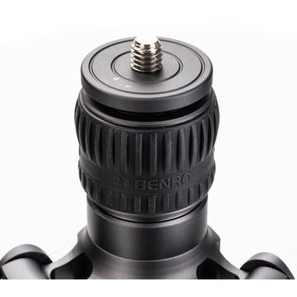 Compact travel tripod with carbon fiber round tube leg design.