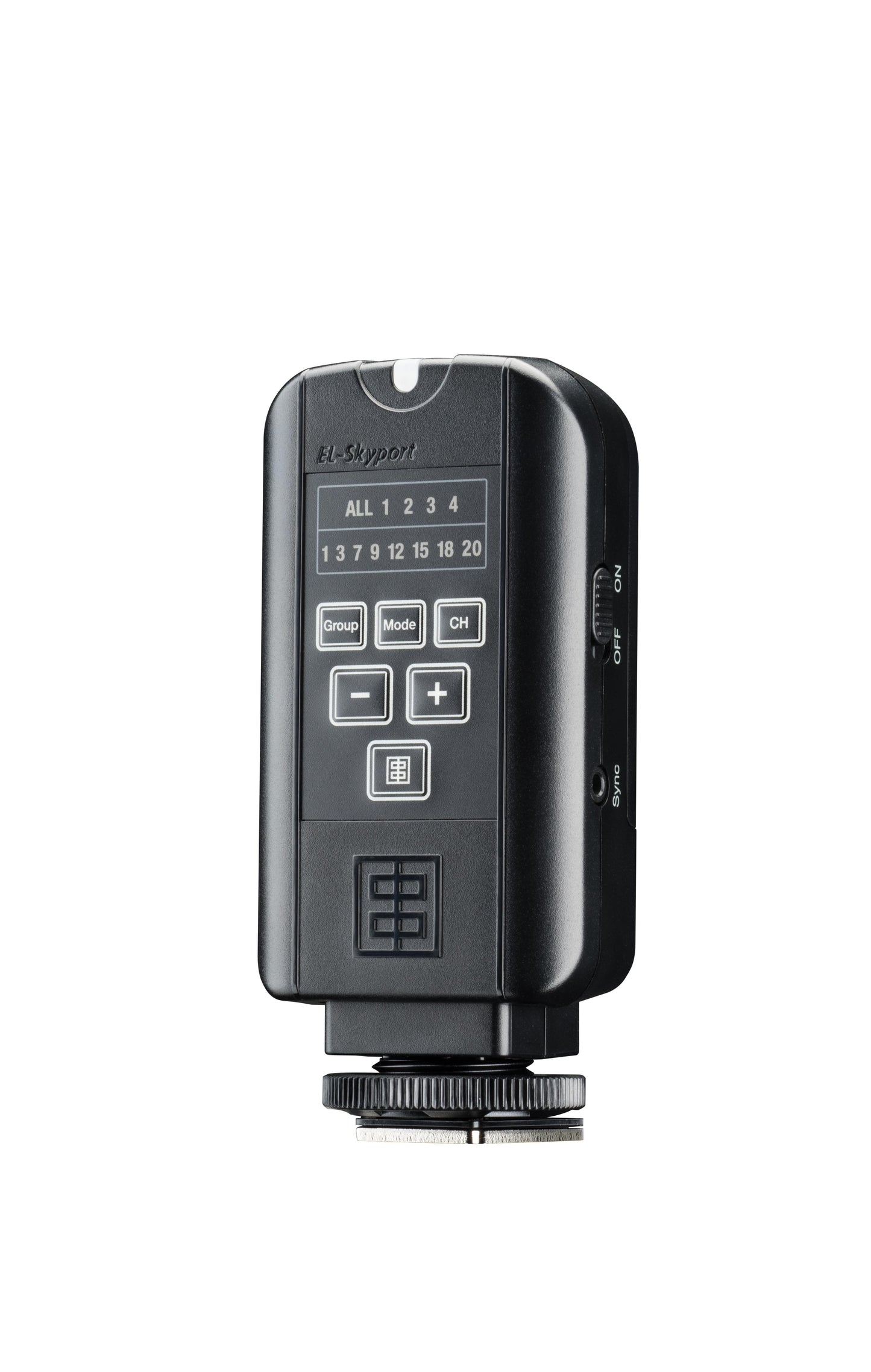 The transmitter in a photographer's hand, showcasing its compact and robust design.