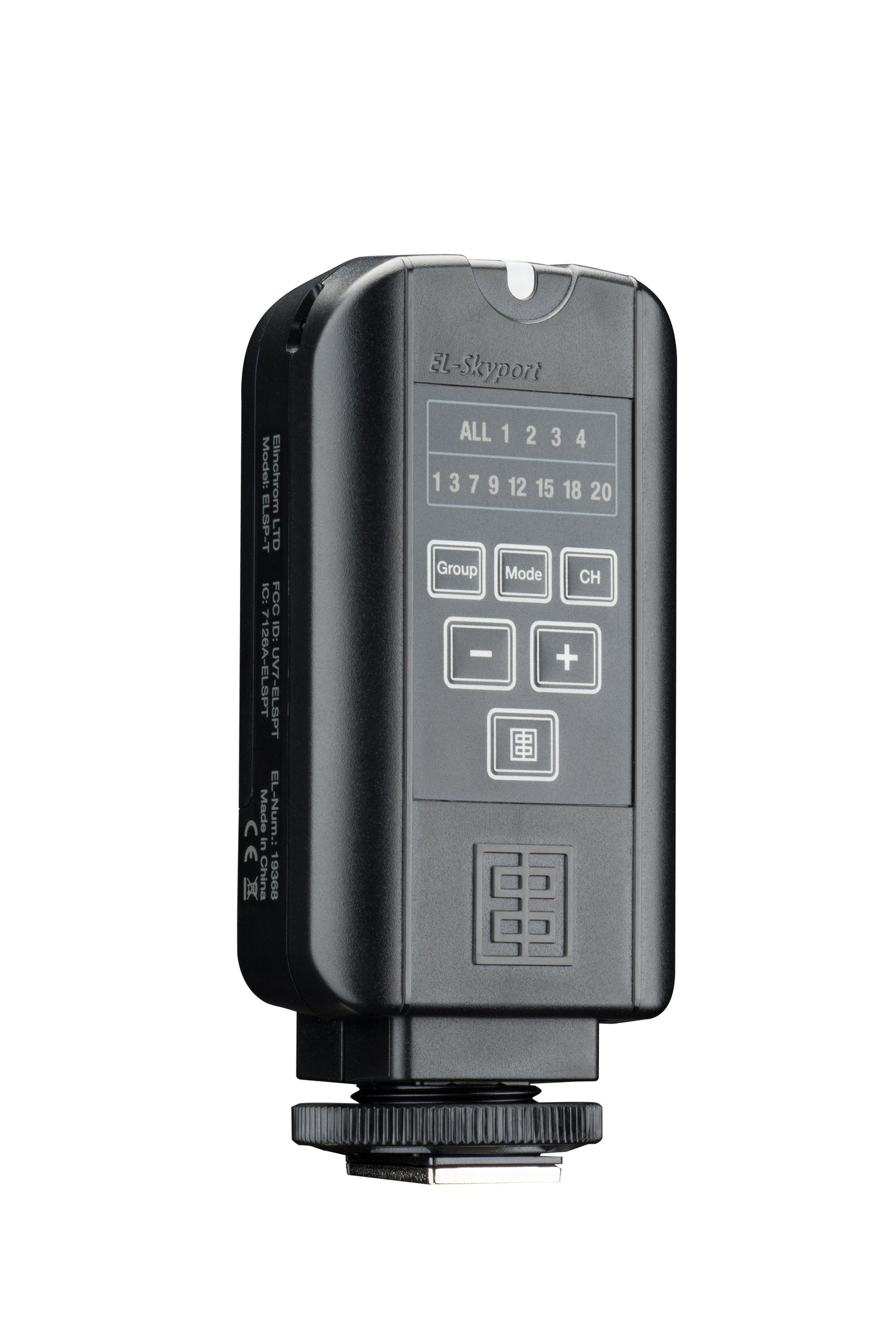 Back view of the Skyport Plus transmitter highlighting the channel and group selection buttons.