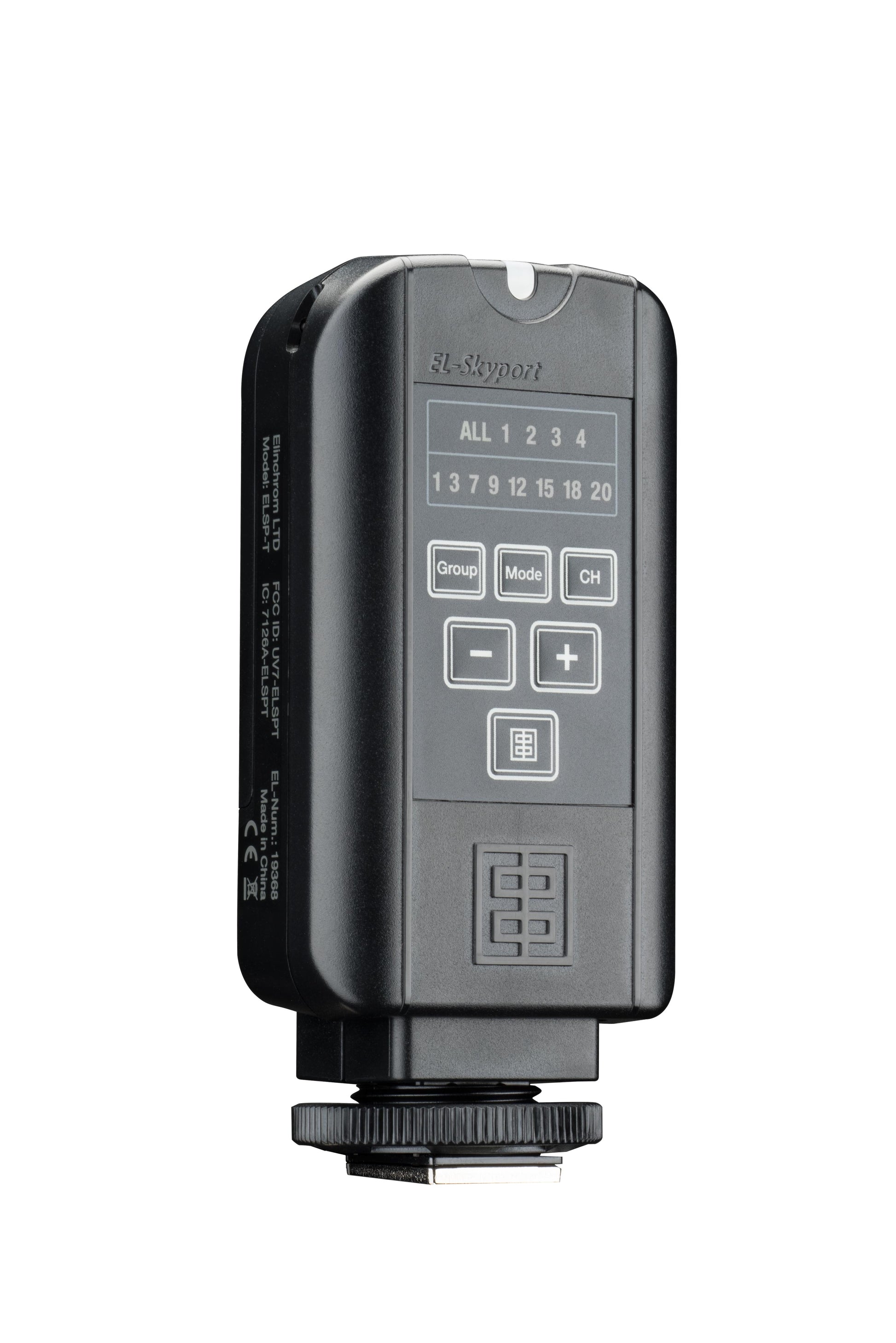 Back view of the Skyport Plus transmitter highlighting the channel and group selection buttons.