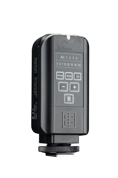 Back view of the Skyport Plus transmitter highlighting the channel and group selection buttons.