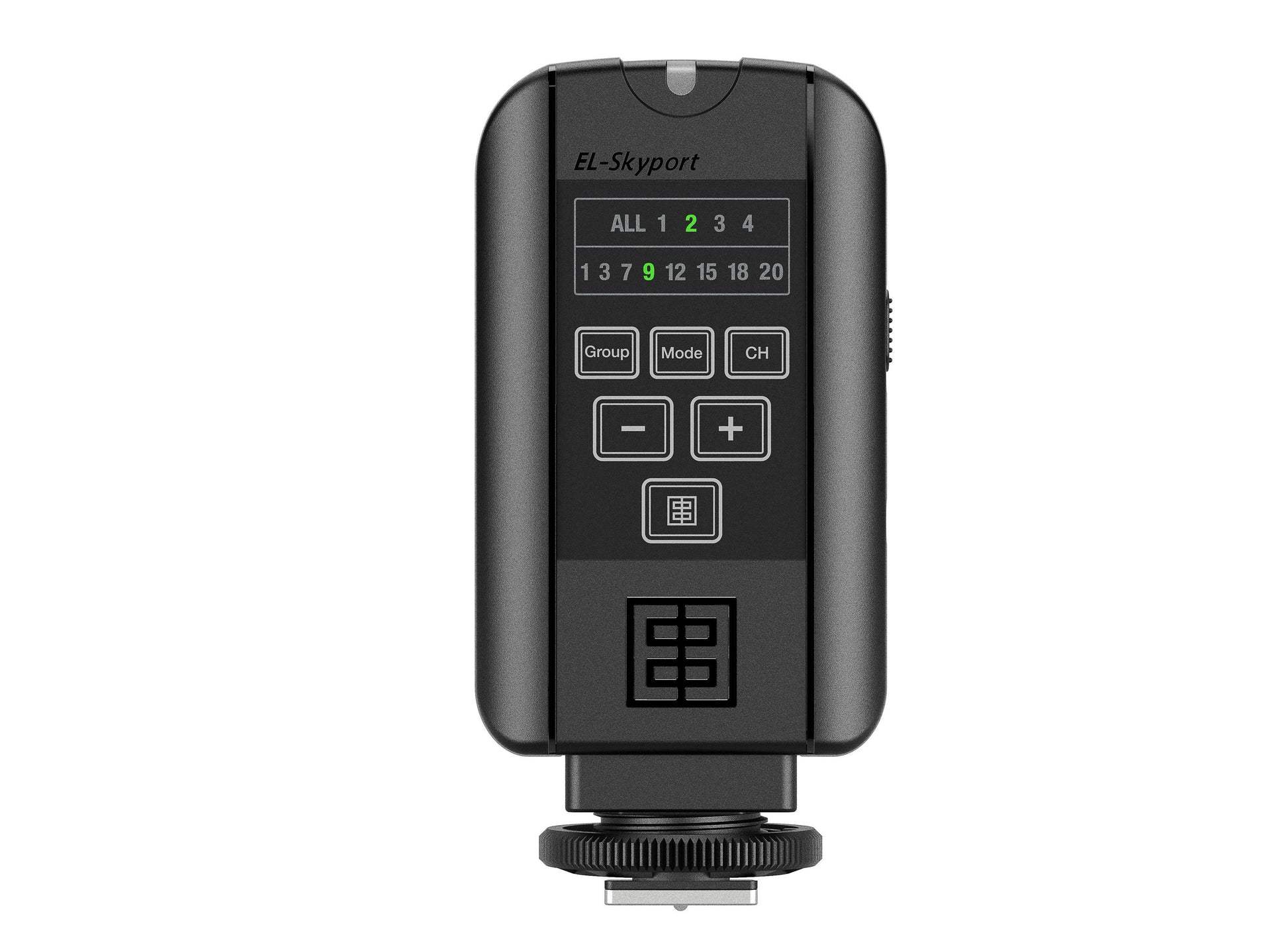 Close-up of the Skyport Plus transmitter's simple button interface and swiveling base.