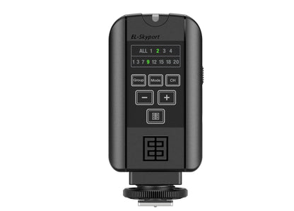 Close-up of the Skyport Plus transmitter's simple button interface and swiveling base.