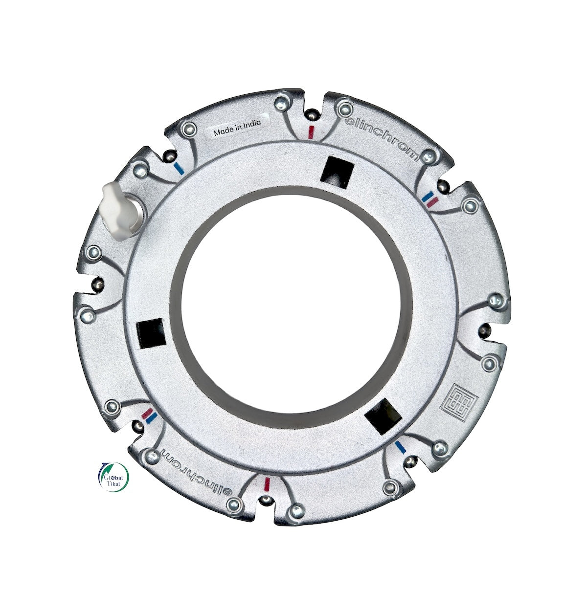 Elinchrom Rotalux Speed Ring for Bowens S-Mount showing all-metal construction and circular mounting sockets for softbox rods.