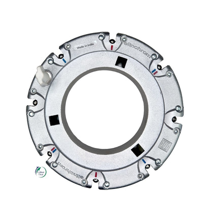 Elinchrom Rotalux Speed Ring for Bowens S-Mount showing all-metal construction and circular mounting sockets for softbox rods.