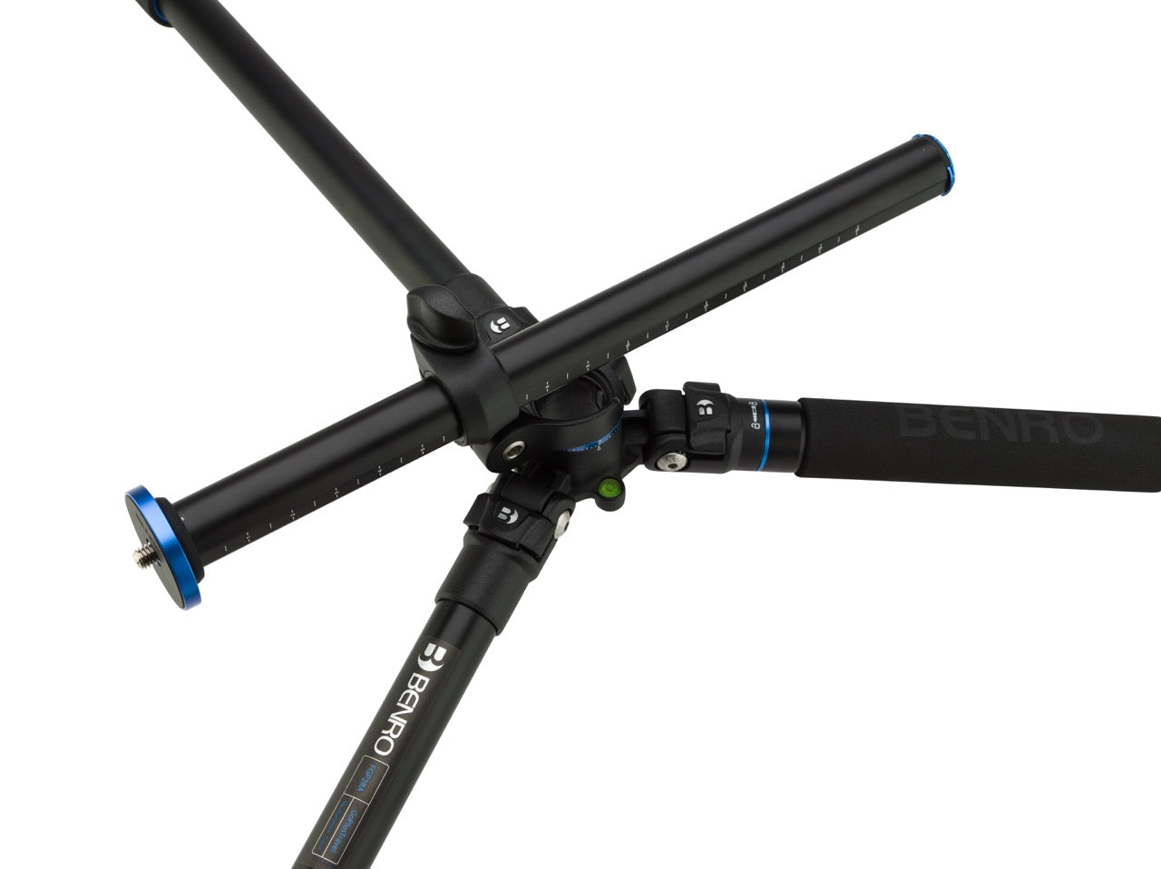Close-up of Benro sealed twist-locks on the 4-section aluminum tripod legs.