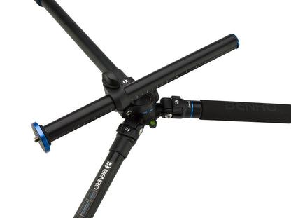 Close-up of Benro sealed twist-locks on the 4-section aluminum tripod legs.
