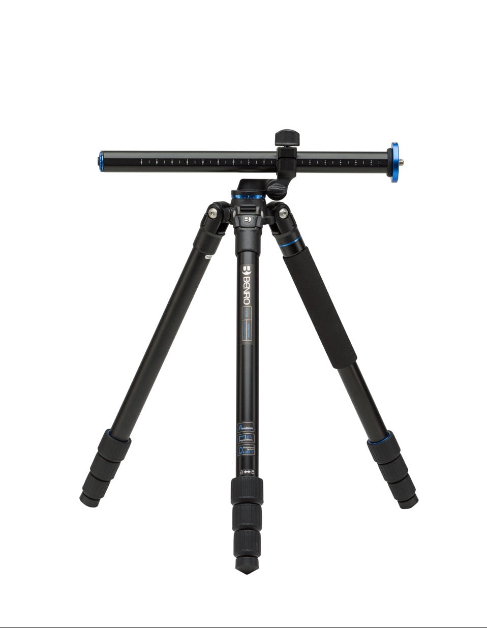 Detailed view of the Benro FGP28A lateral center column tilted horizontally for overhead shots.