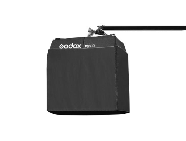 Close-up shot of the Godox FL100R controller screen showing color temperature and brightness settings.