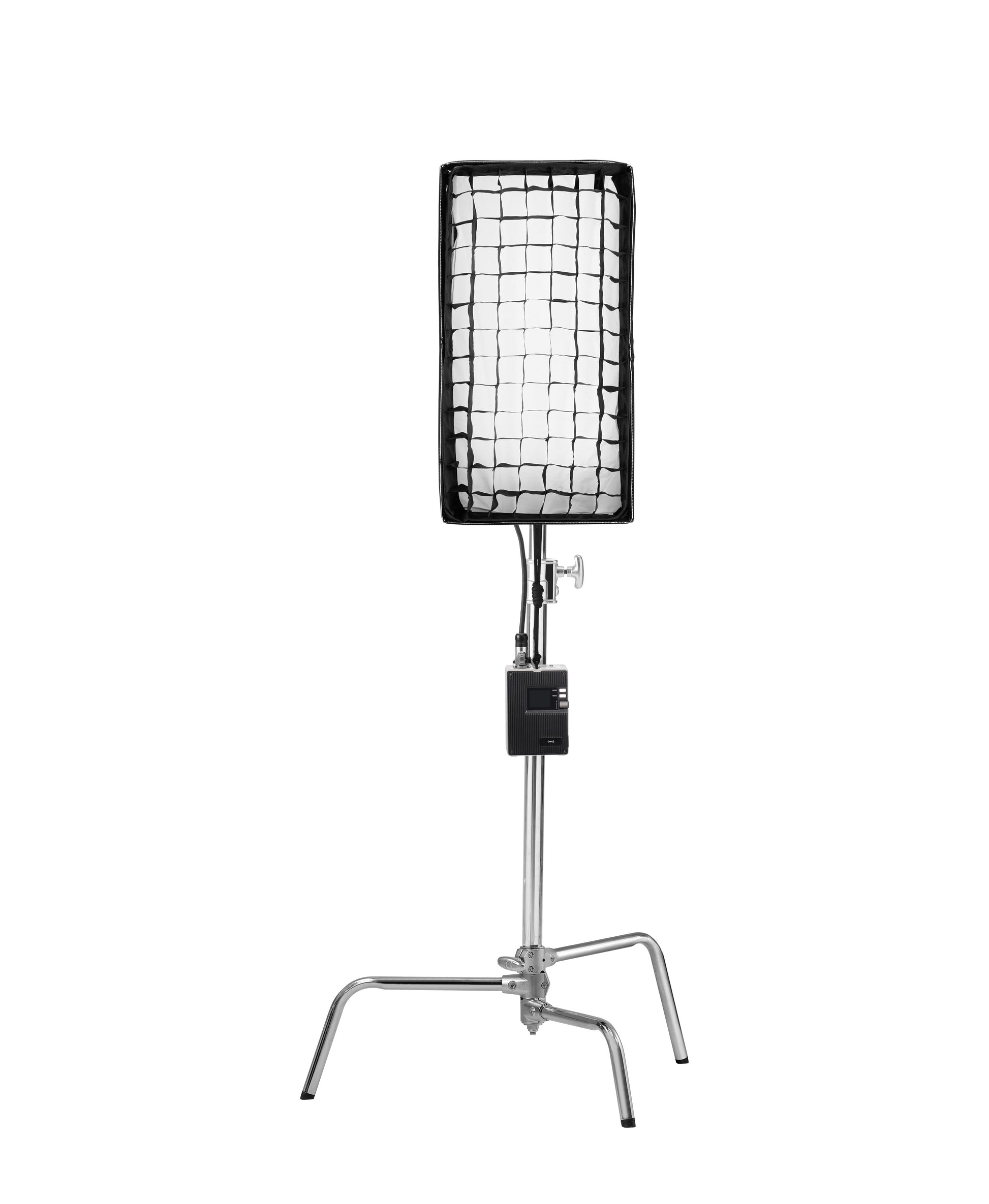 Godox FL100R LED panel mounted on a light stand with its included softbox modifier attached.