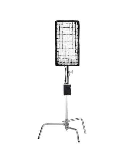 Godox FL100R LED panel mounted on a light stand with its included softbox modifier attached.