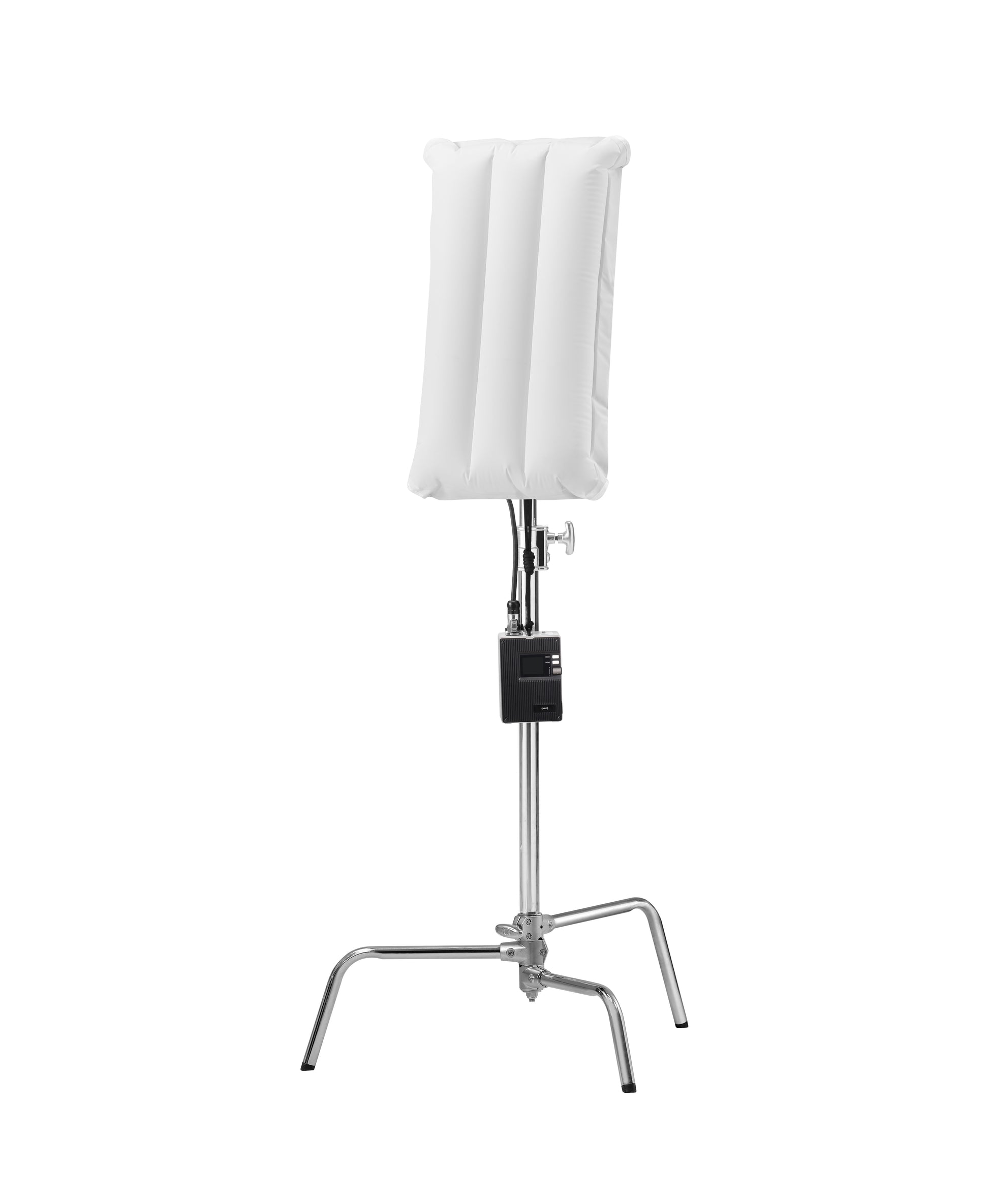 Back view of the Godox FL100R controller with a V-mount battery attached for portable power.