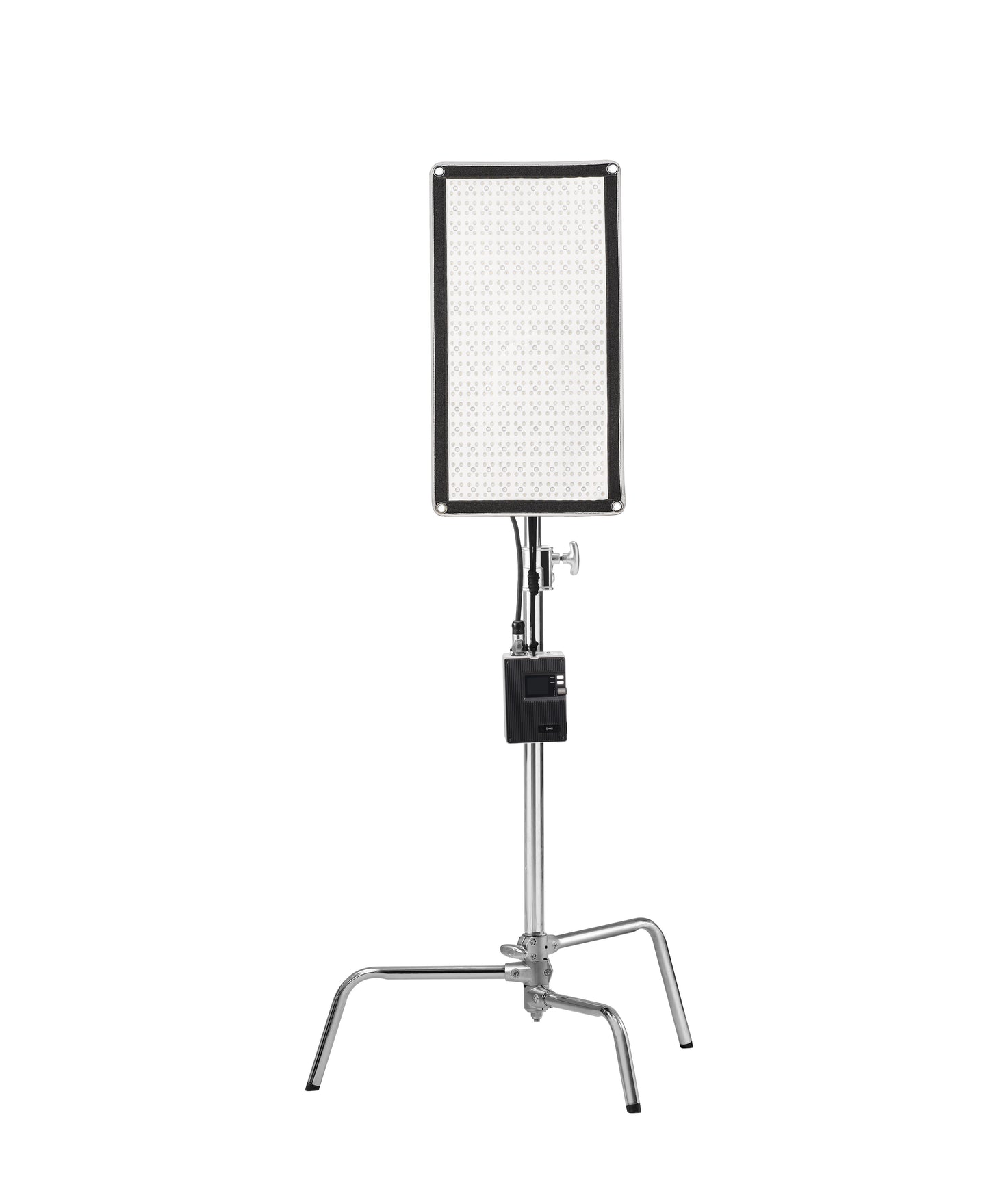 Godox FL100R mounted vertically on a stand, used as a colorful background light for a portrait.