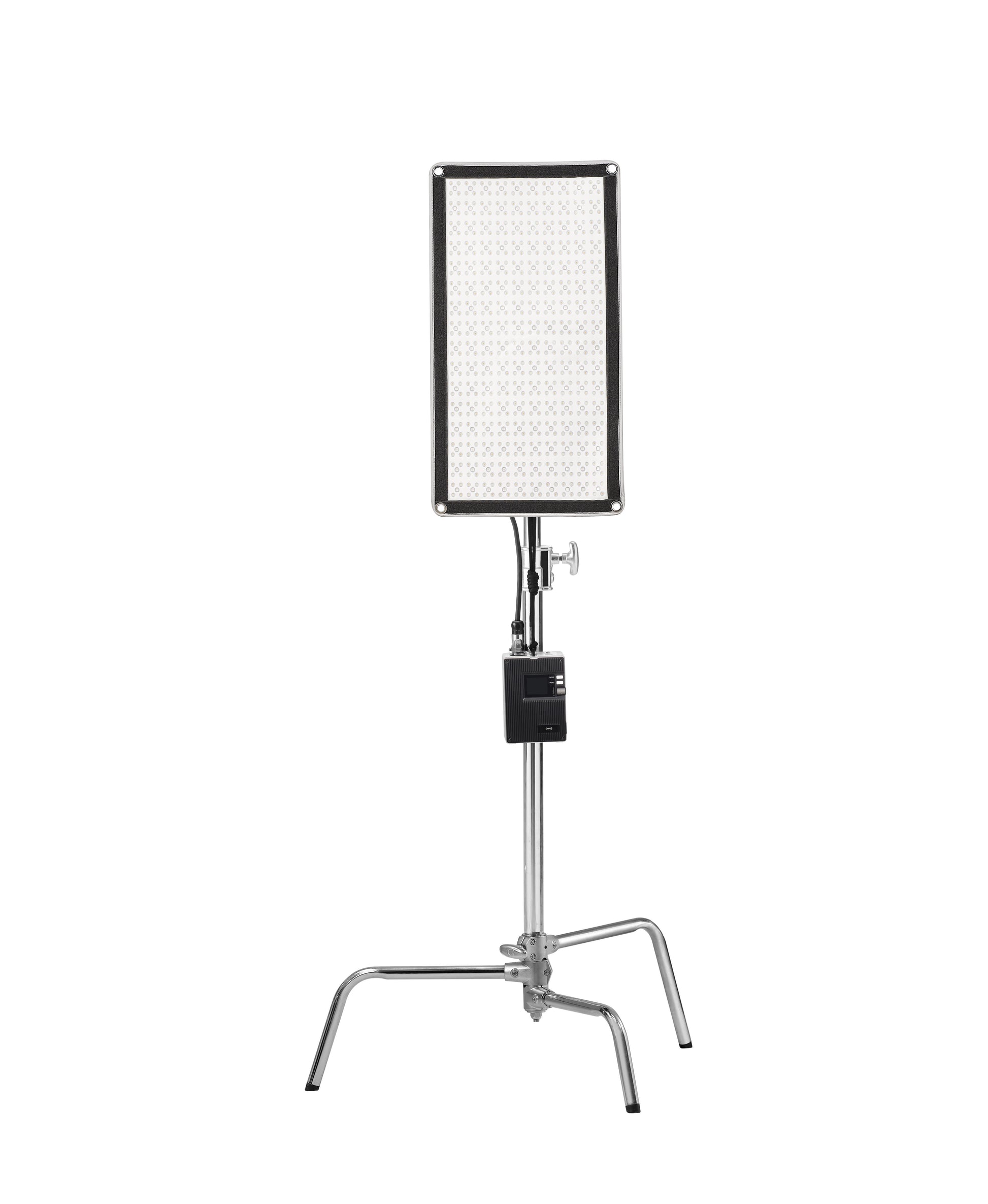 Godox FL100R mounted vertically on a stand, used as a colorful background light for a portrait.