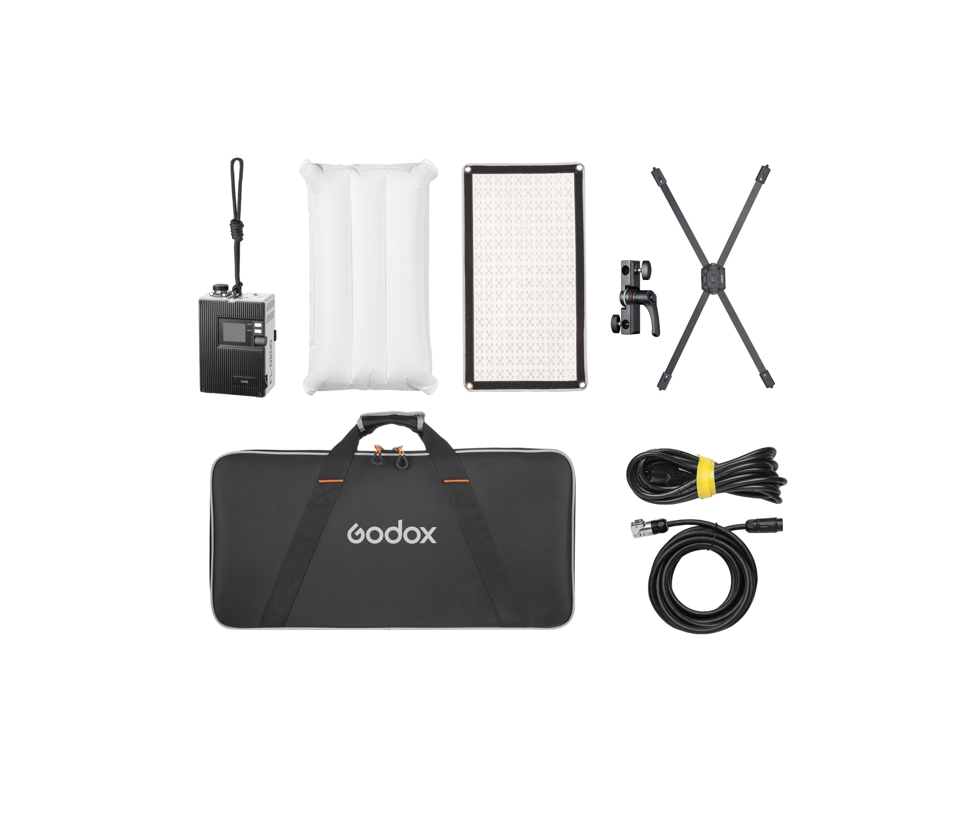 Wide shot of a video production set with two Godox FL100R lights positioned for scene lighting.