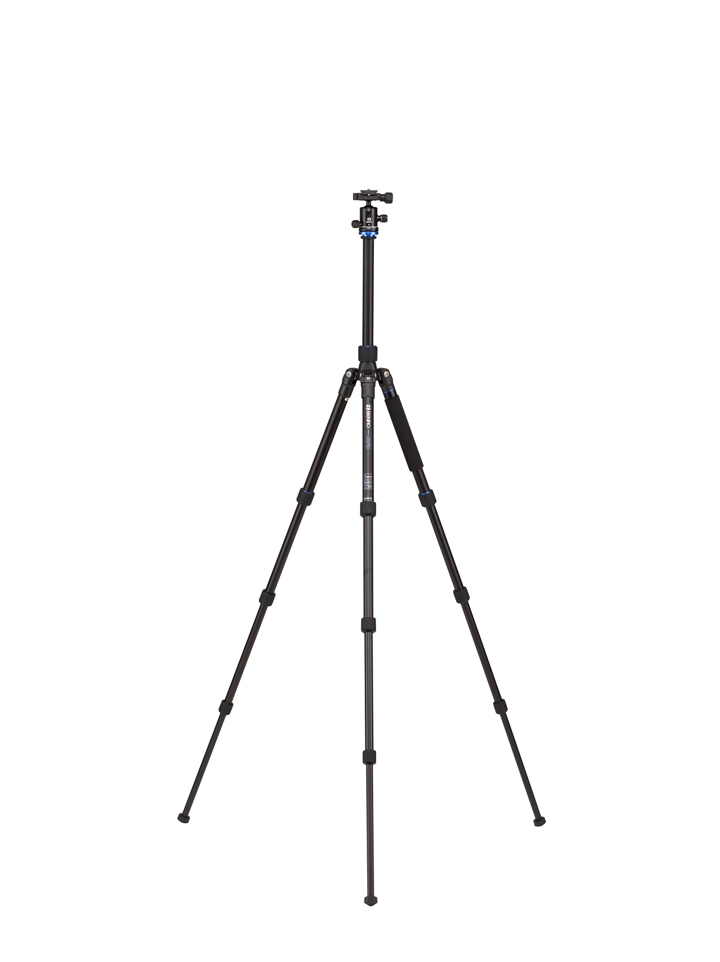 Carbon fiber tripod with a quick-release head, fully extended