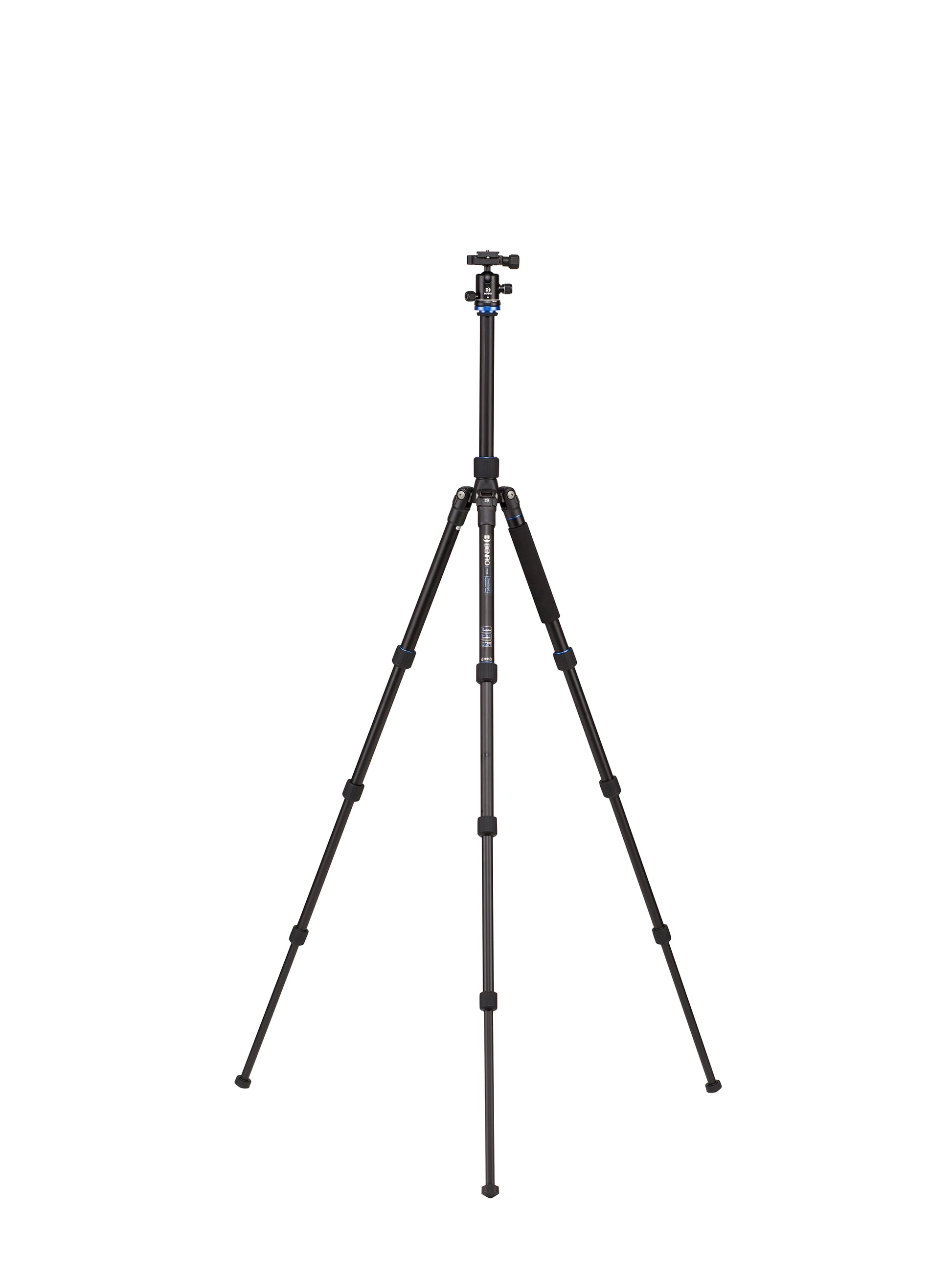 Carbon fiber tripod with a quick-release head, fully extended