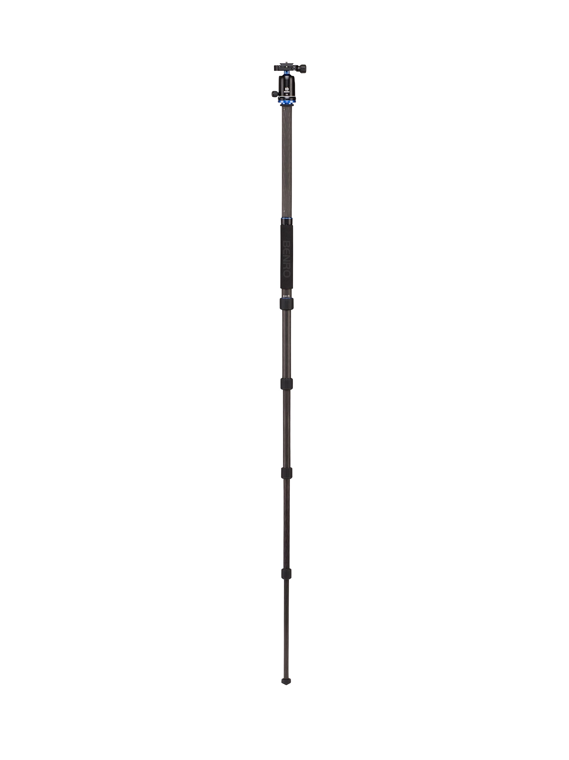 Detachable leg and center column setup forming a Benro carbon fiber monopod fully extended