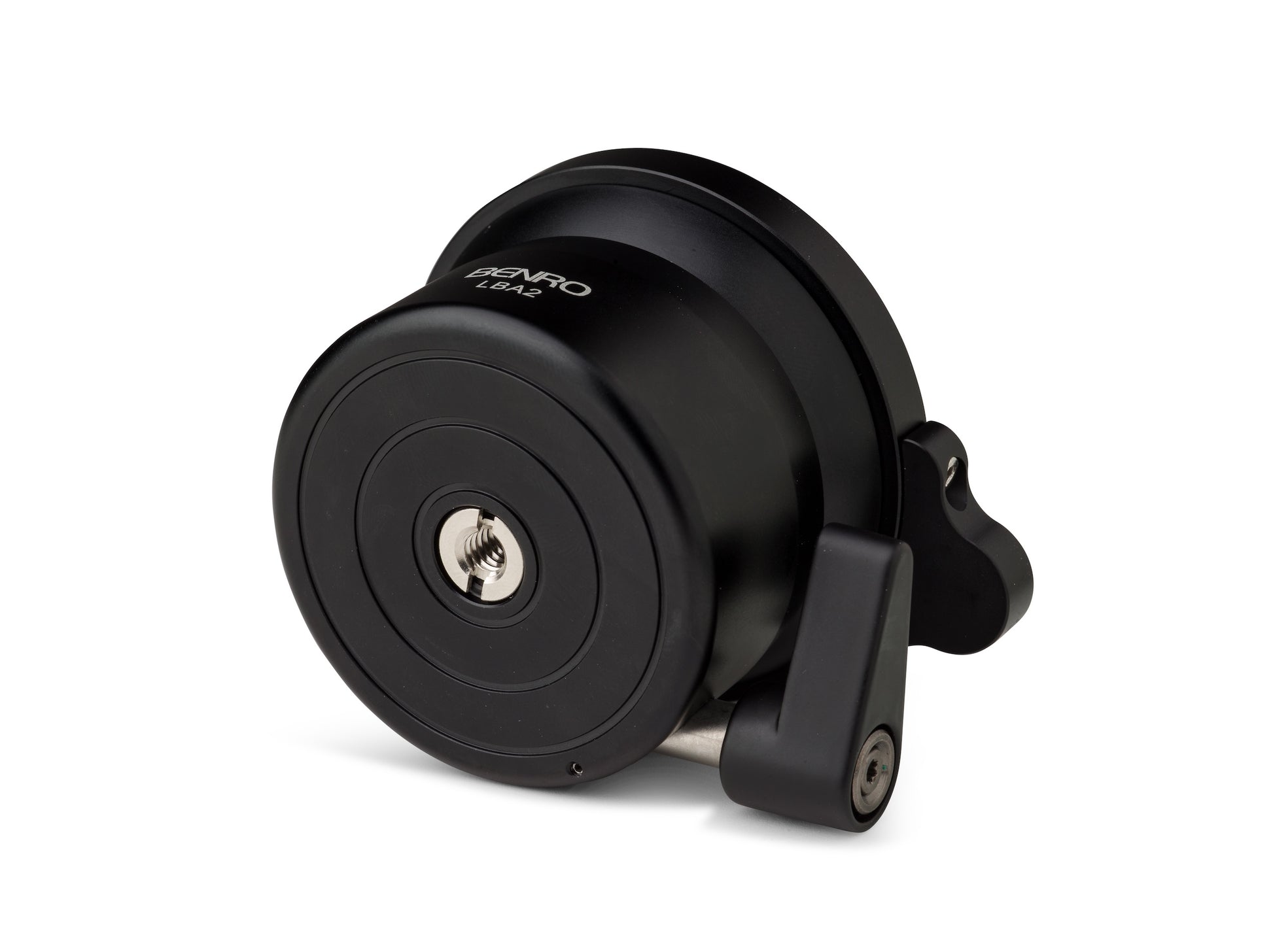 ALT Text: Benro LBA2 Leveling Base with integrated bubble level and +/-15 degree tilt for panoramic photography.