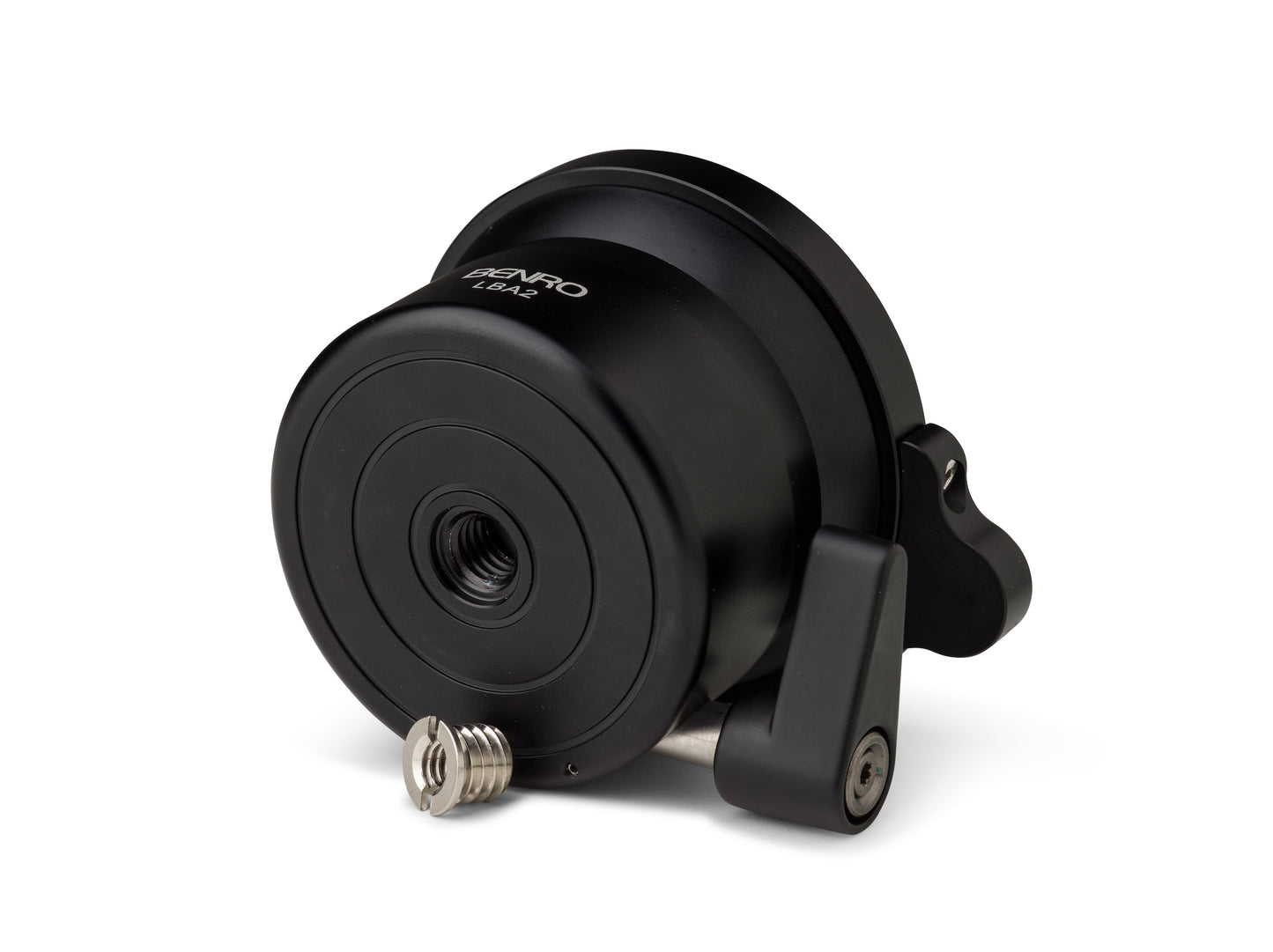 ALT Text: Close-up of Benro LBA2 top platform showing the spring-loaded 3/8"-16 threaded stud and recessed 1/4"-20 screw.