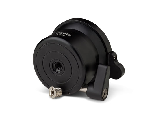 ALT Text: Close-up of Benro LBA2 top platform showing the spring-loaded 3/8"-16 threaded stud and recessed 1/4"-20 screw.