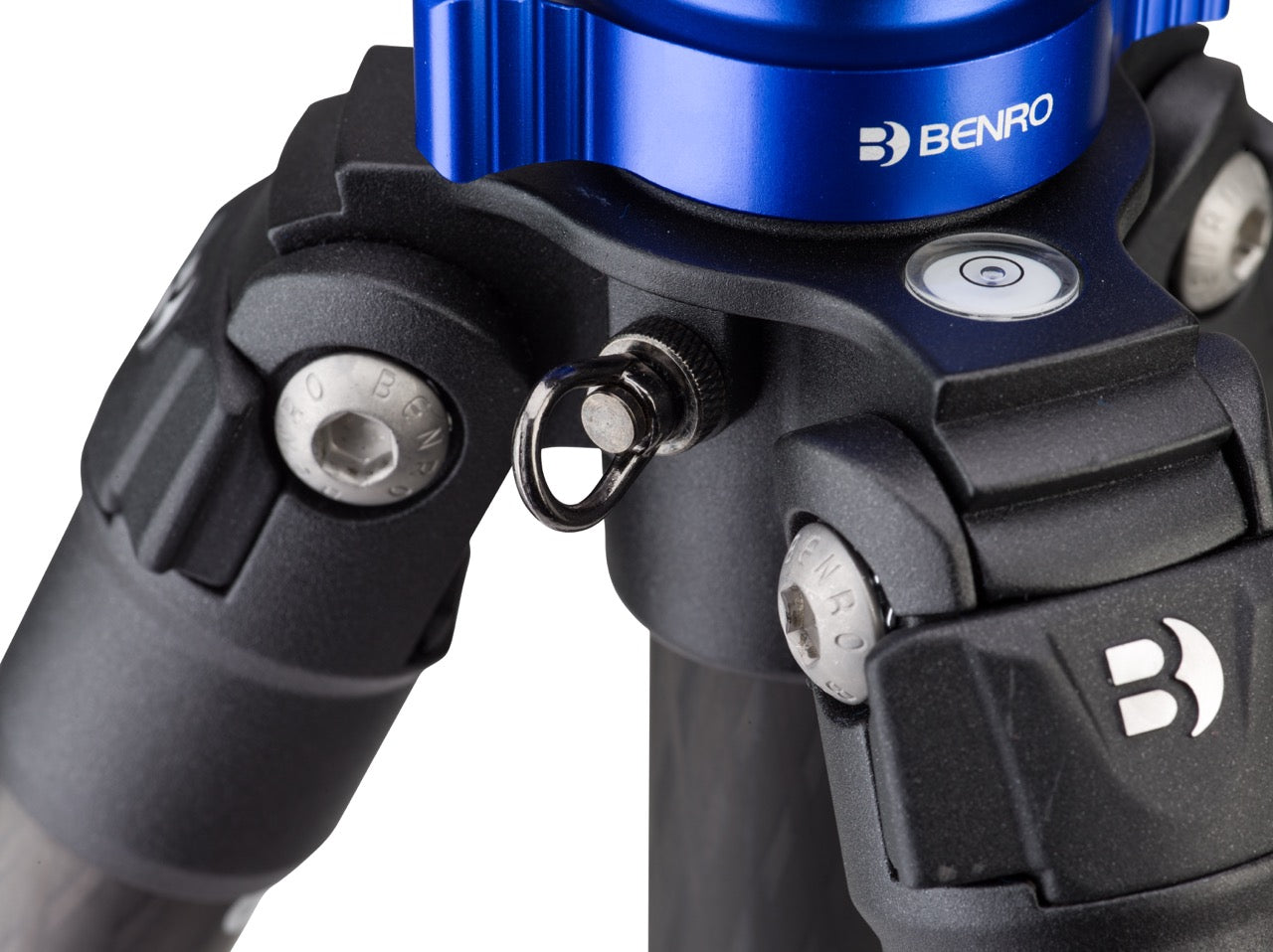 Close-up of a Benro tripod - displaying the level and the center column lock. 