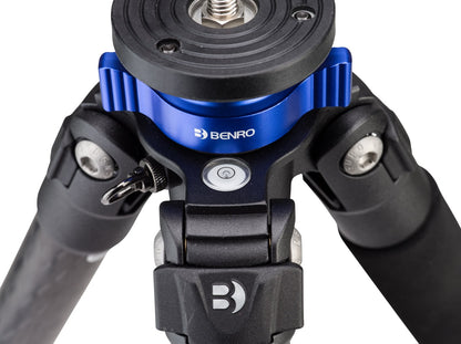 Close-up of a Benro tripod with blue center column lock. 