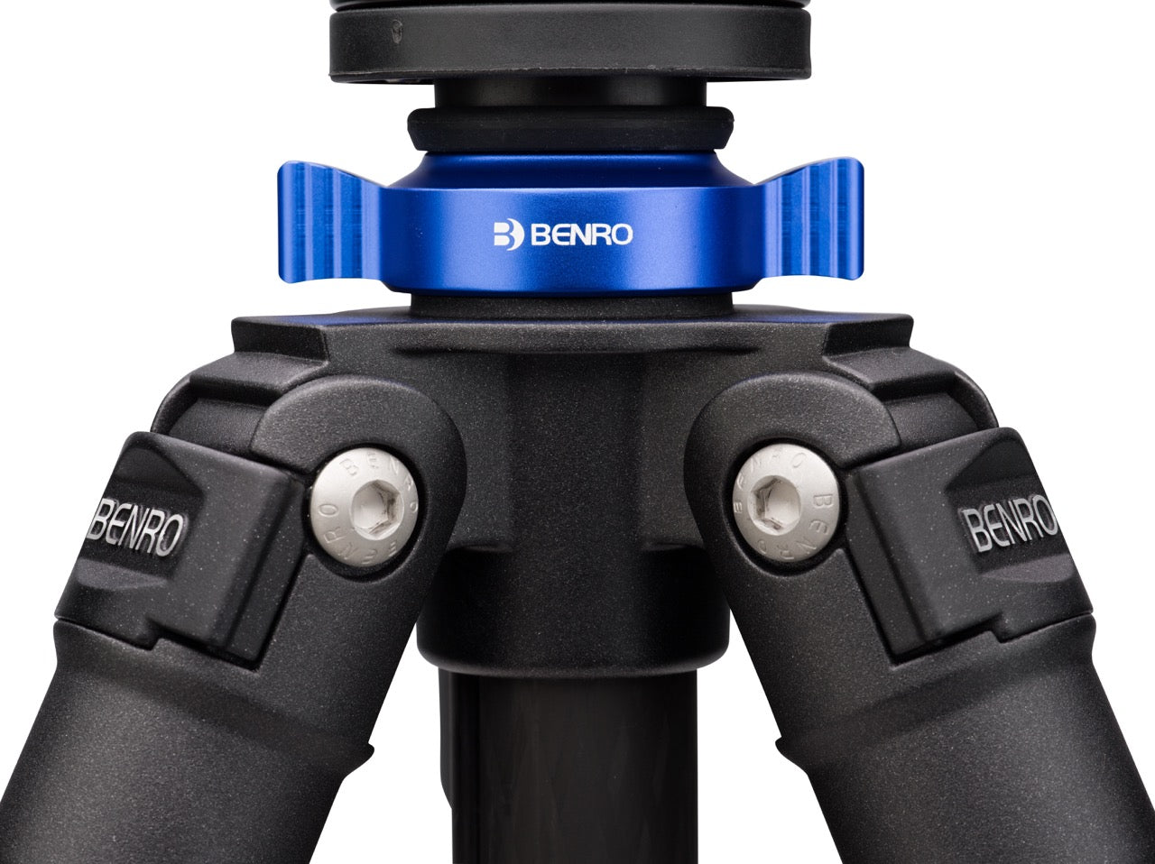 Close-up of a Benro camera tripod with blue center column lock