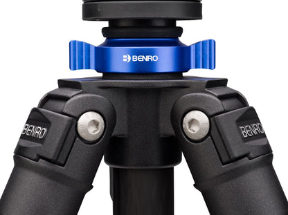Close-up of a Benro camera tripod with blue center column lock