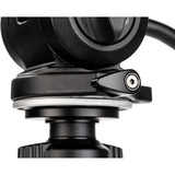 Accessory Mounts for Enhanced Filming – Image showing the 1/4"-20 accessory mounts on the fluid head, with attachments like a monitor arm and audio recorder