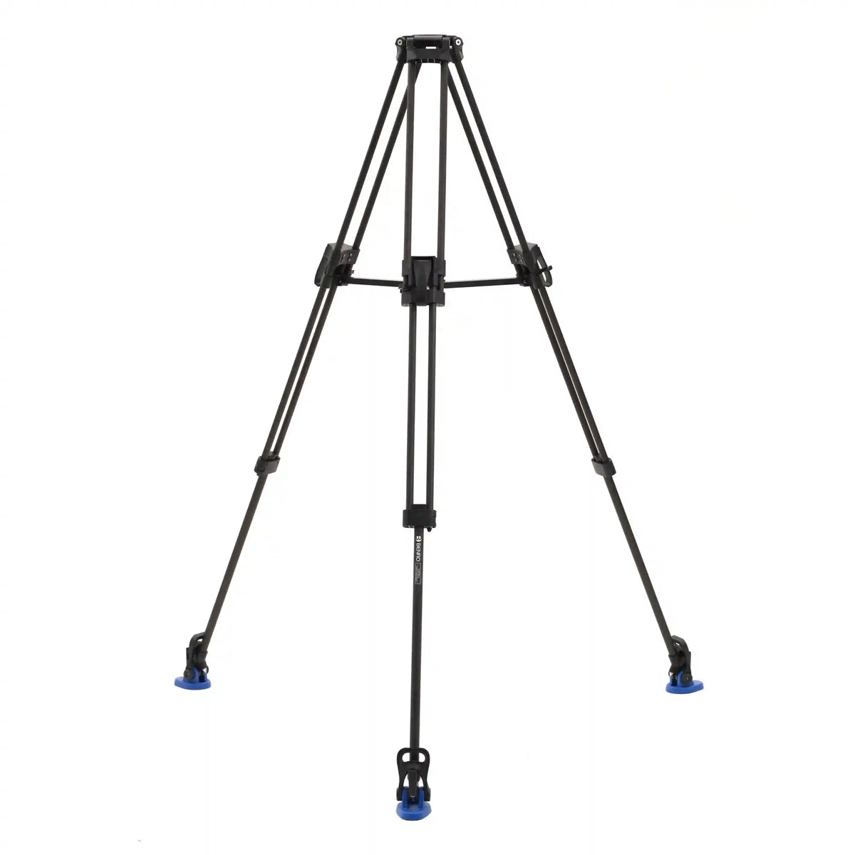 Front view of the Benro Lightning Lock carbon fiber video tripod fully extended with the mid-level spreader attached.