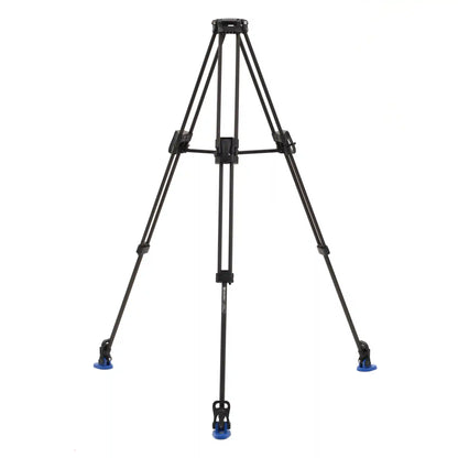 Front view of the Benro Lightning Lock carbon fiber video tripod fully extended with the mid-level spreader attached.
