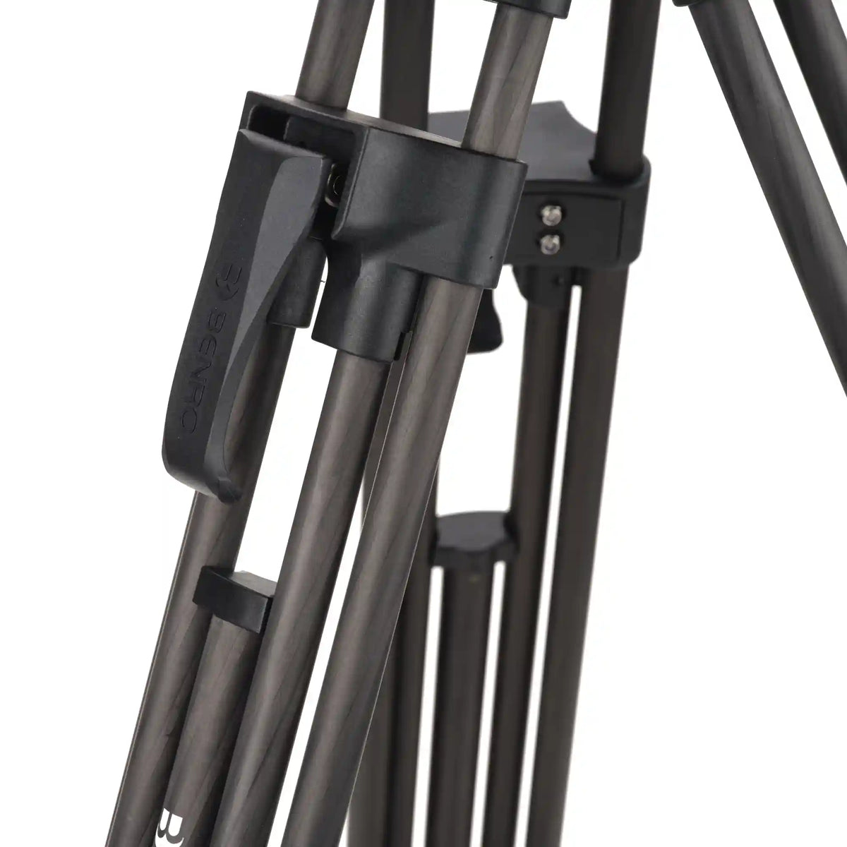 Close-up shot showing the single flip-lock lever of the Benro Lightning Lock system on the carbon fiber leg sections.