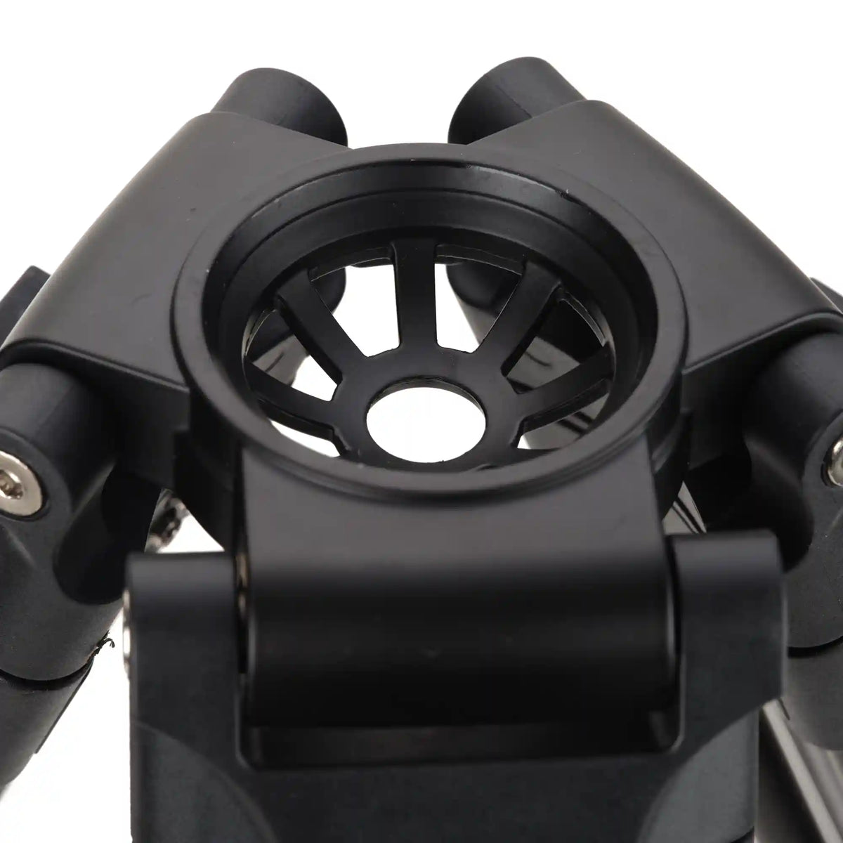 Overhead detail view of the 60mm bowl base on the Benro video tripod ready for fluid head mounting.