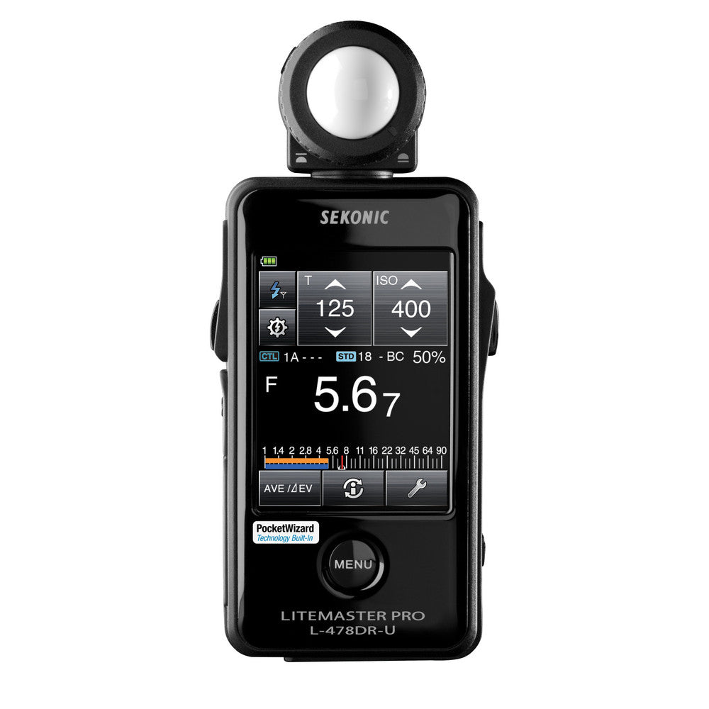 Sekonic L-478DR Light Meter showing touchscreen menu for flash photography