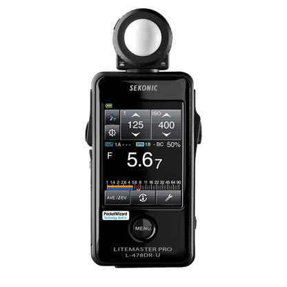 Sekonic L-478DR Light Meter showing touchscreen menu for flash photography