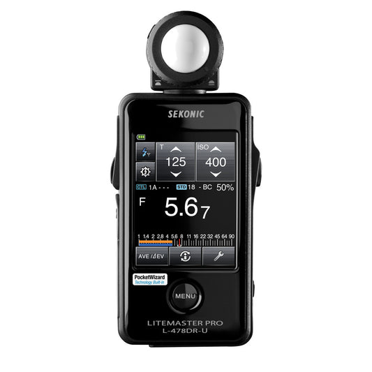 Sekonic L-478DR Light Meter showing touchscreen menu for flash photography