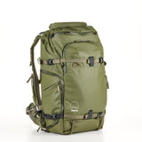 Shimoda Designs Action X40 V2 Backpack in army green with a 40L capacity, designed for photographers with expandable roll-top access and dual padded laptop sleeves.