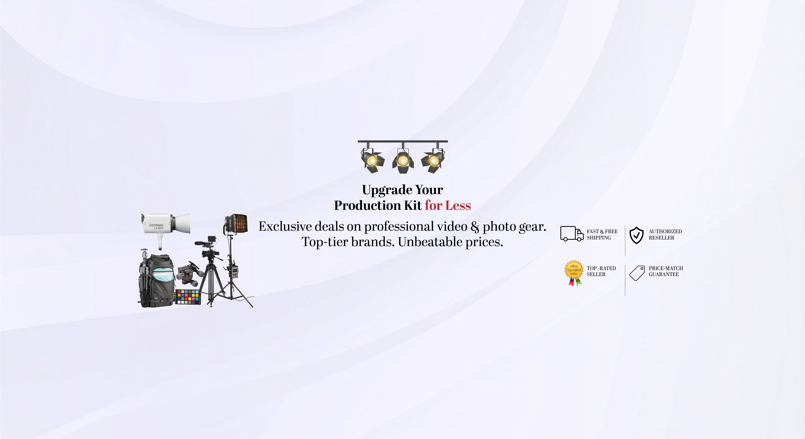 Promotional graphic for upgrading a production kit with professional video and photo gear.