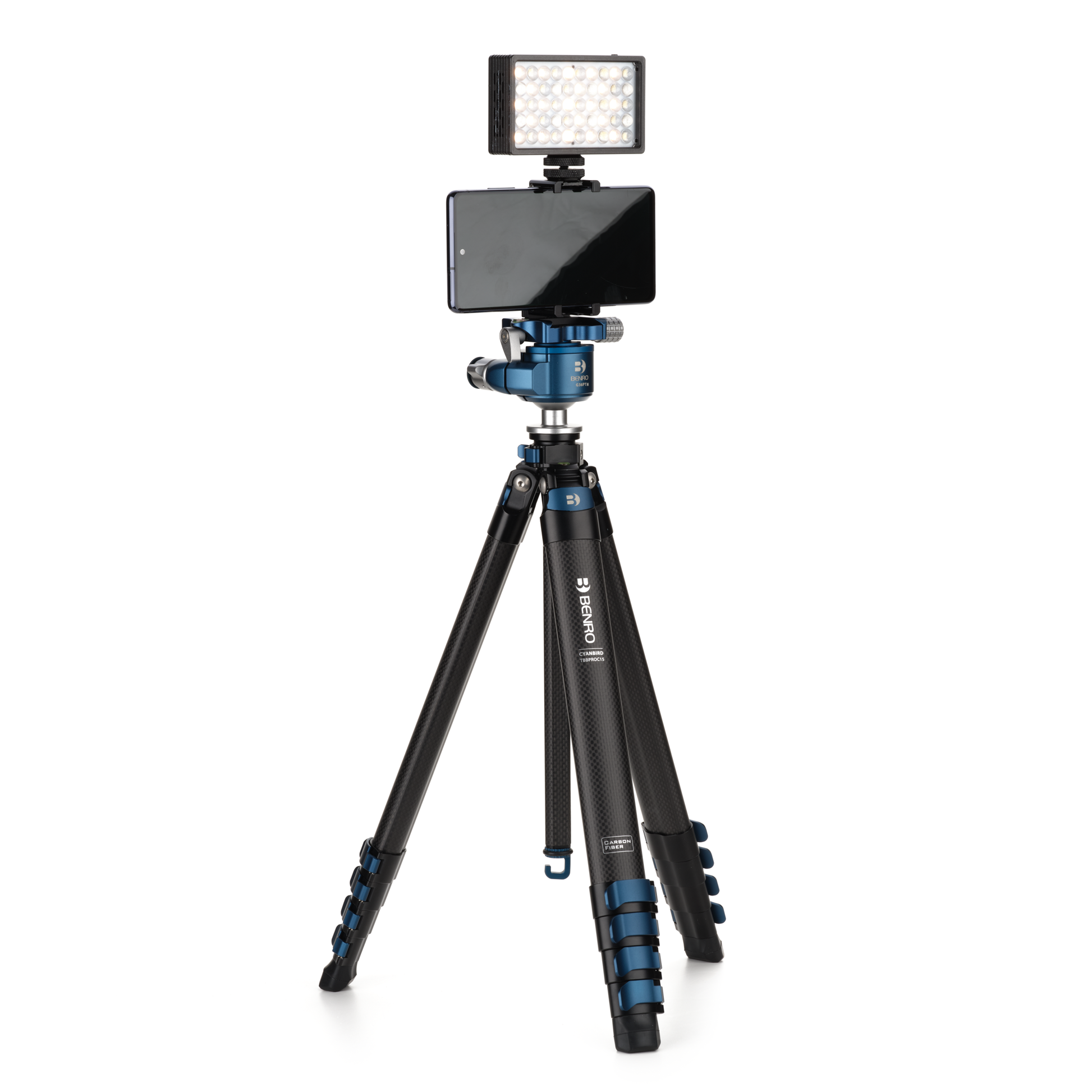 Benro Blackbird tripod legs showing a smart phone with a LED light siting over. 