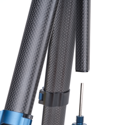 Benro Blackbird tripod legs showing the carbon fiber material. 