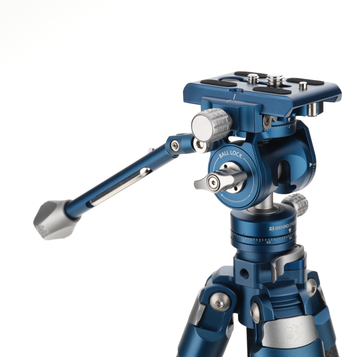 Blue and silver camera tripod head over a tripod