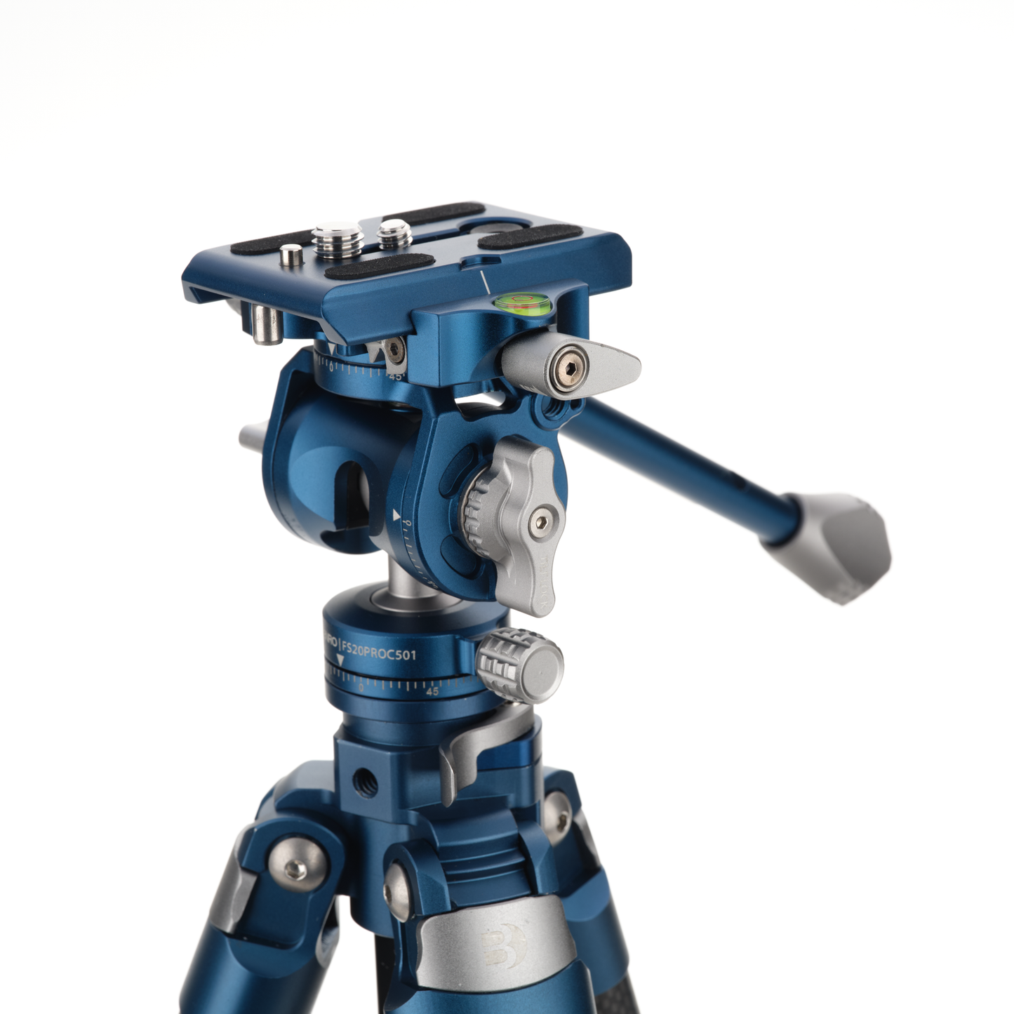 Side profile of the FS20PROC501 fluid head with the adjustable pan handle for smooth video pans and tilts.