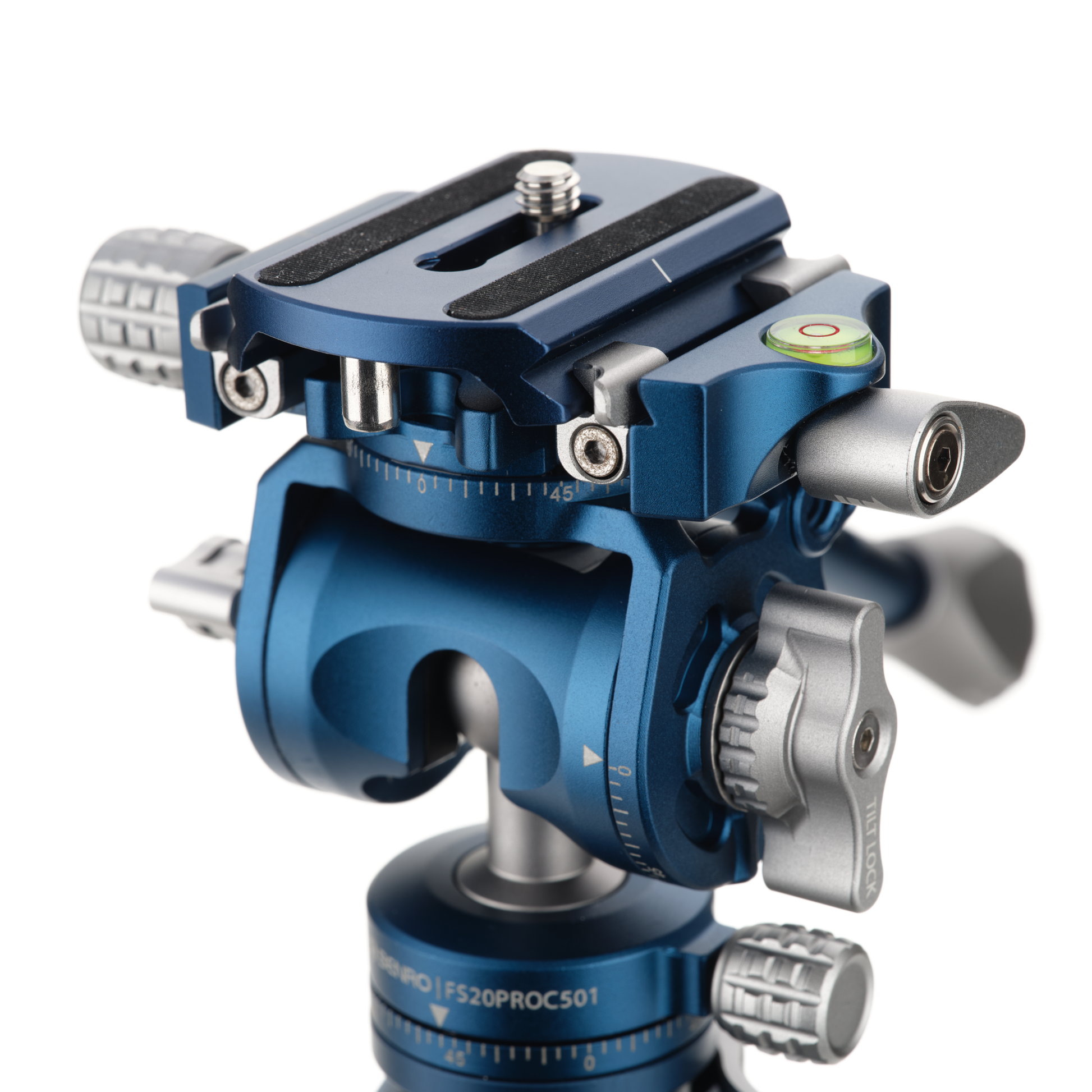 Blue camera tripod head with adjustable controls