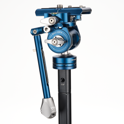 Blue and black camera tripod head with a metal hamdle